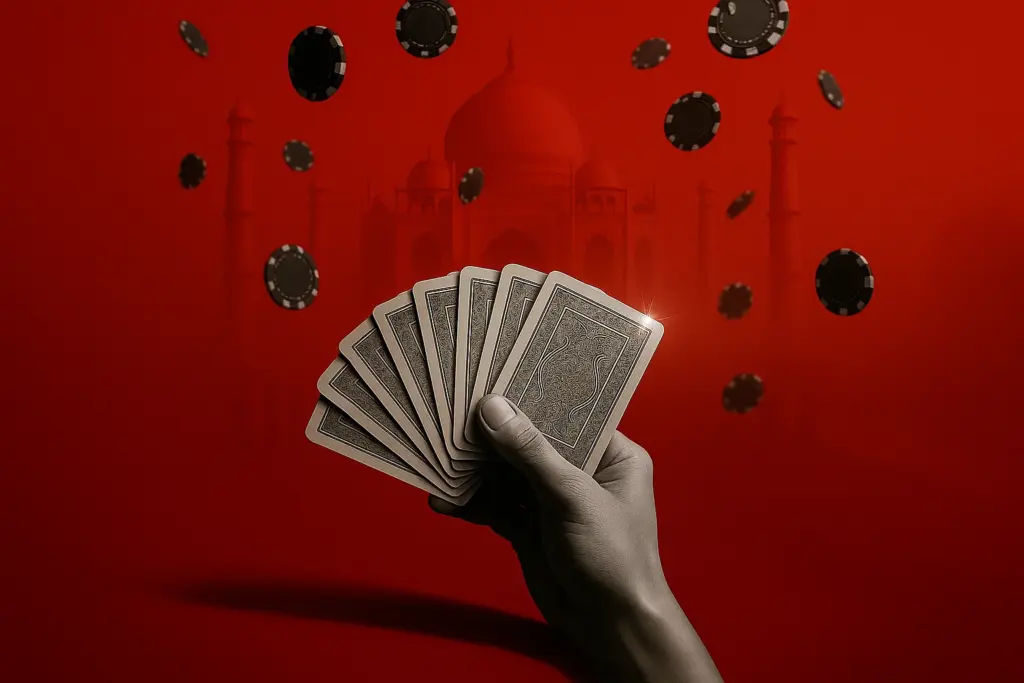 image shows a hand holding a fan of playing cards, also set against a red background with floating casino chips and a faint Taj Mahal silhouette