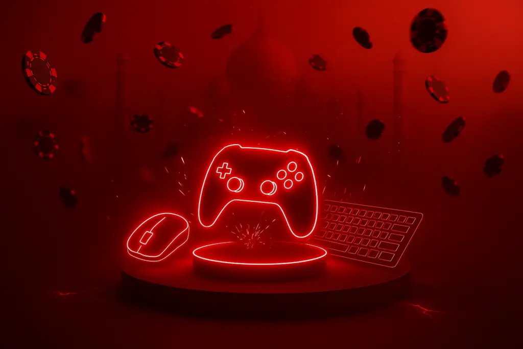 image depicts a vibrant gaming setup with a neon-lit game controller, mouse, and keyboard on a pedestal, surrounded by floating casino chips against a red background with a blurred Taj Mahal-like structure